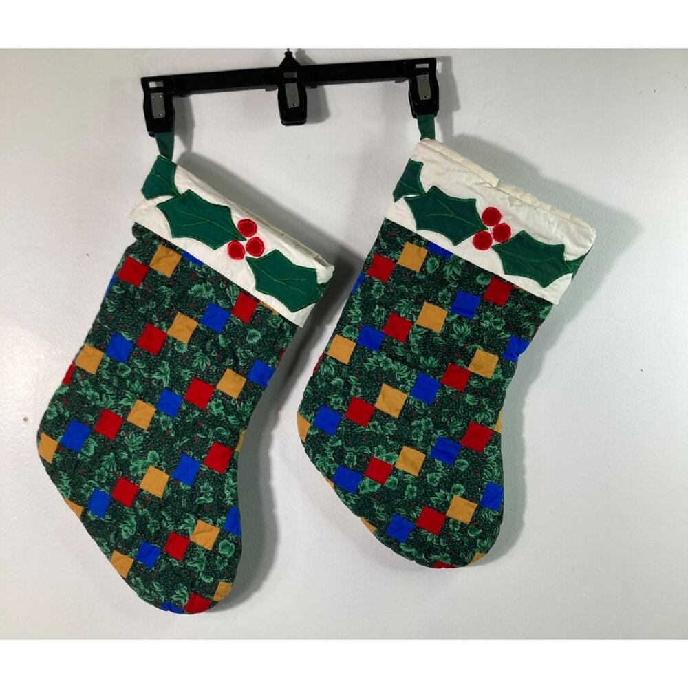 2 Handmade Quilted Patchwork‎ Christmas Stockiings Holly Berries 17"